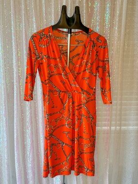 Chain-Print Orange Faux Wrap Bethany Dress Size Small